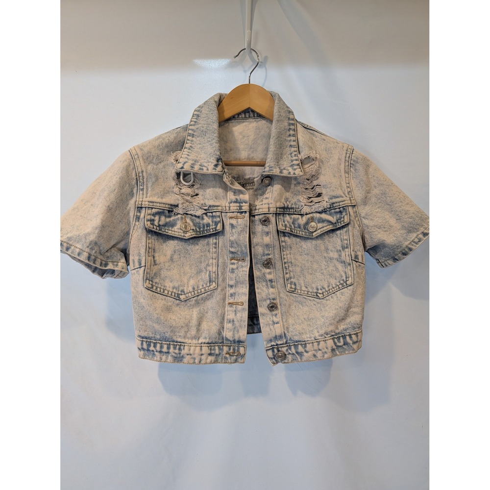 Womens Acid Wash Distressed Cropped Short Sleeve Denim Jacket Light Blue